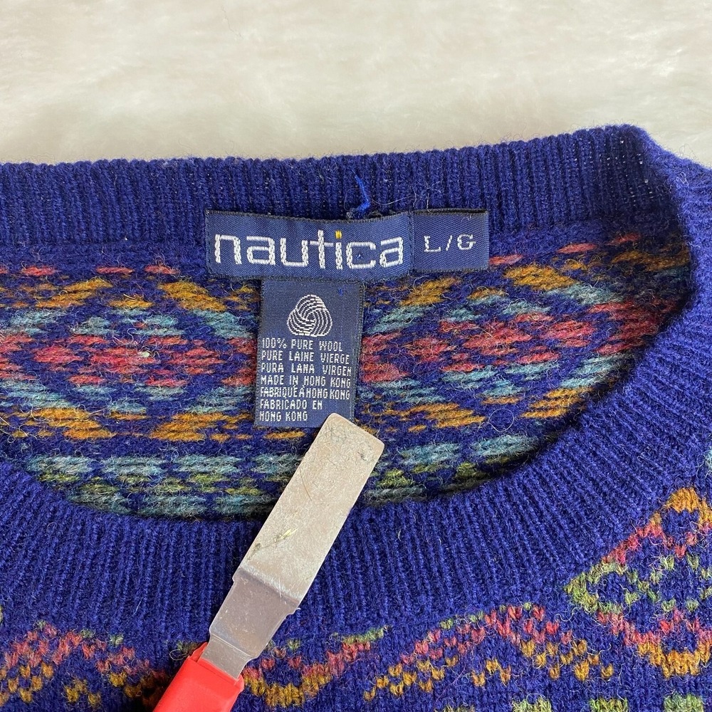 90s Vtg Mens NAUTICA Pullover Sweater Large 100% Cotton Ski Mountain Long Sleeve - Picture 4 of 5